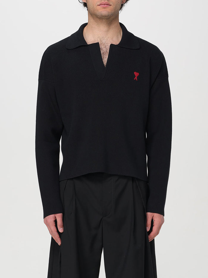 AMI Paris Spread-Collar Ribbed Polo Sweater 翻領針織衫