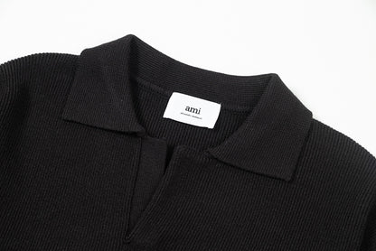 AMI Paris Spread-Collar Ribbed Polo Sweater 翻領針織衫