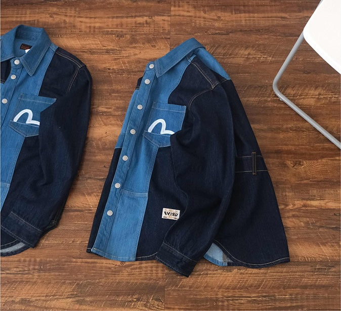 EVISU 福神海鷗刺繡拼布牛仔襯衫