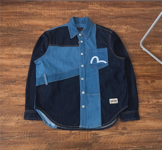 EVISU 福神海鷗刺繡拼布牛仔襯衫